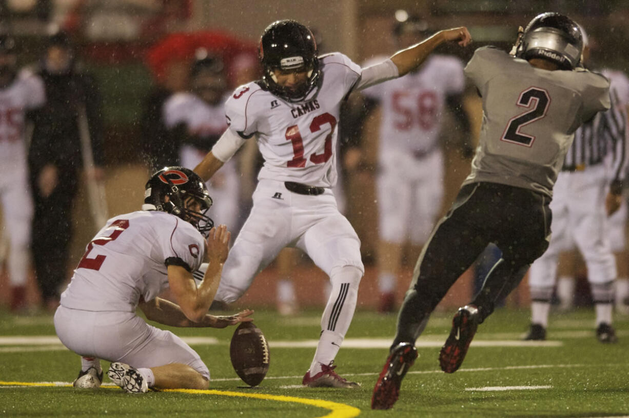 Camas kicker Roldan Alcobendas (13) has a 52-yard field goal to his credit this season.