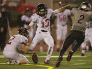 Camas kicker Roldan Alcobendas (13) has a 52-yard field goal to his credit this season.