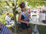 Vancouver cyclist Cindi Rauch returns home after riding 49 century (100 mile) bike rides in 49 states in 49 days, Monday, July 9, 2012.