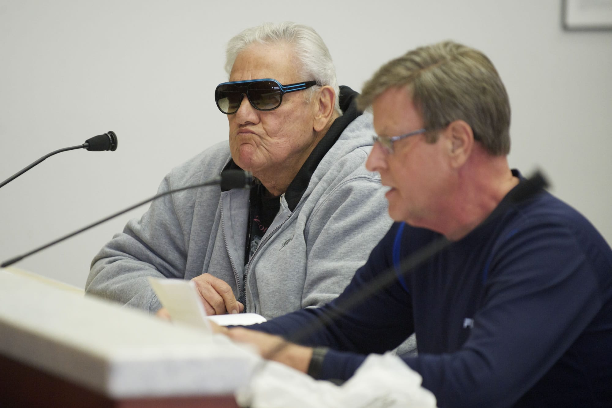 Jack Davis, left, and Jim Kinney speak at Tuesday's meeting of the Board of Clark County Commissioners.