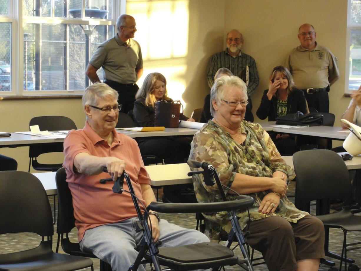 Hazel Dell: Bud Van Cleve and his wife, Sherry, during the dedication of Bud's meeting room at the new Luke Jensen Sports Park.