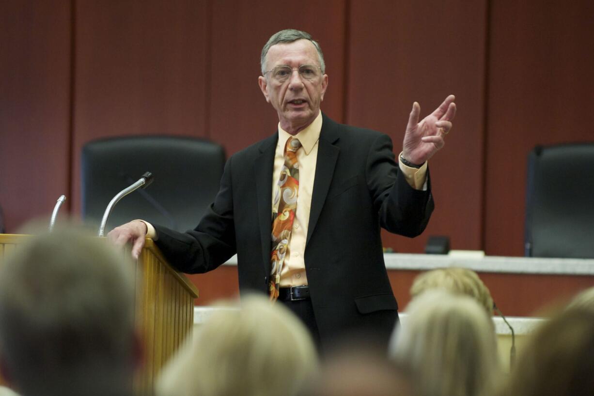 Clark County Superior Court Judge John Wulle speaks at a judicial candidate forum Monday.