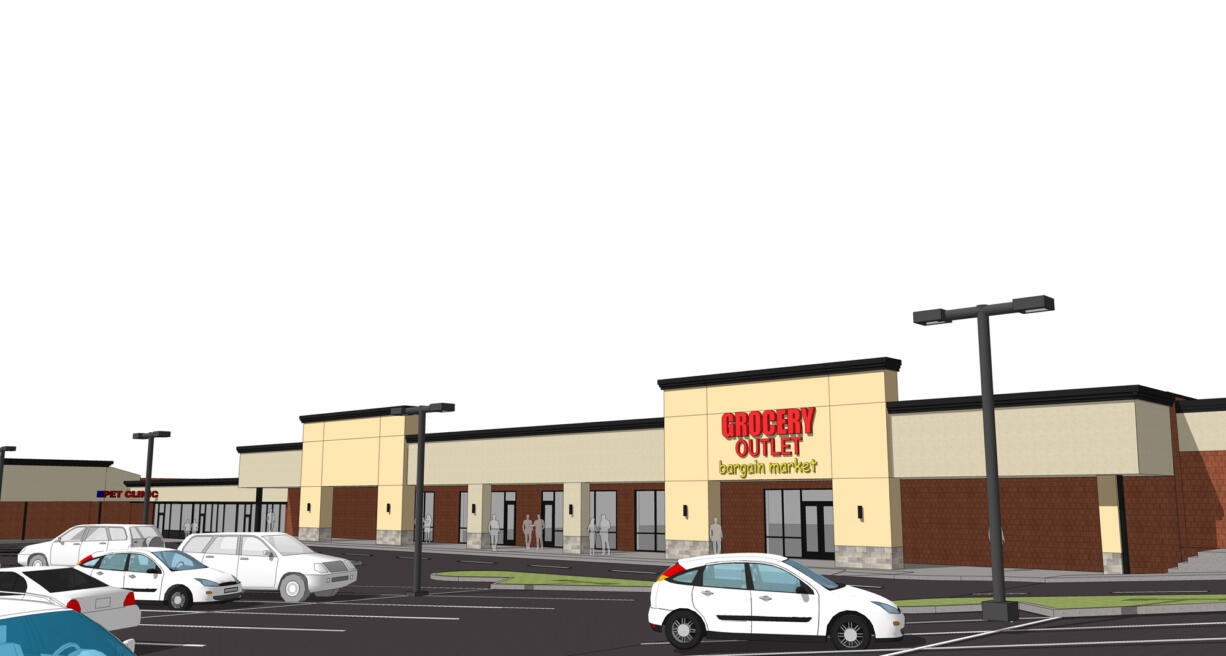 An artist's rendering shows facade improvements planned to spruce up the exterior of Hazel Dell's Northgate Village Shopping Center, which will welcome a new Grocery Outlet store in early 2013.