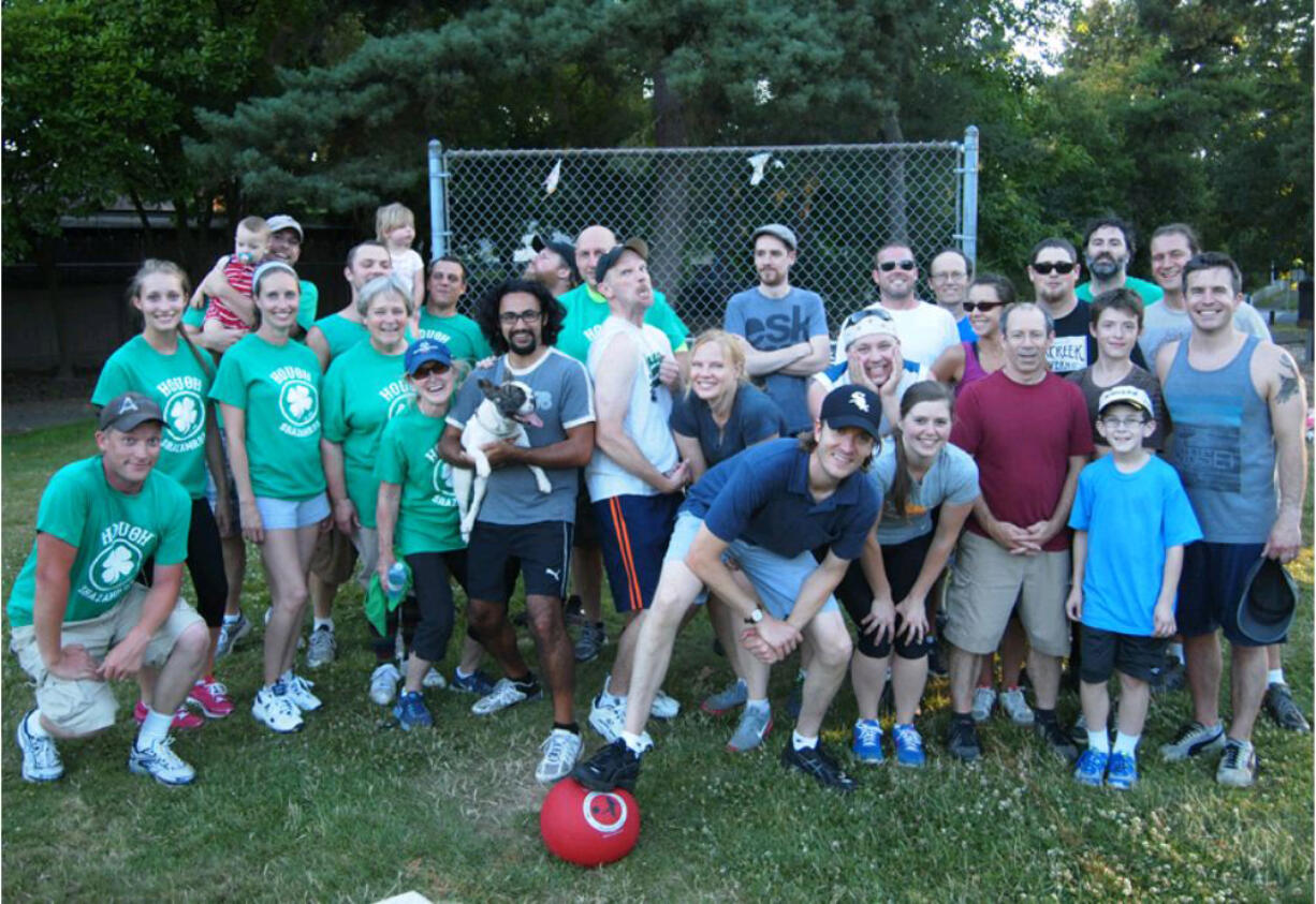 Arnada: The Hough Shazamrox, left, and Arnada Armada stand side-by-side following their July 25 kickball match.