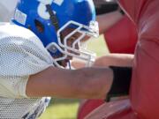 La Center High School lineman Levi Krout takes part in practice drills.