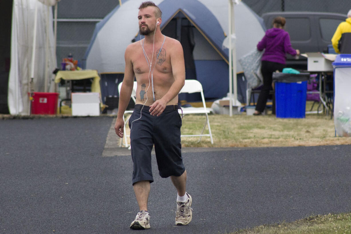 Tyler Schroeder, 25, of Bonney Lake walked more than 42 miles in 24 hours during the Relay for Life of Vancouver at Columbia River High School.