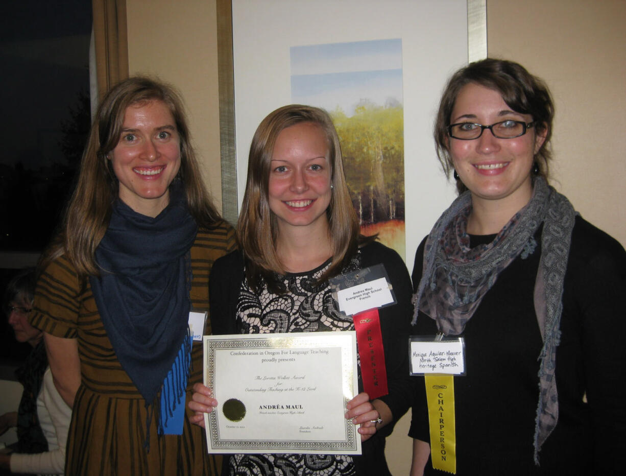 Evergreen High School: Prizewinning French teacher Andrea Maul, center, is flanked by COFLT officials Yuliana Rodarte (left) and Monique Aguilar-Weaver (right).