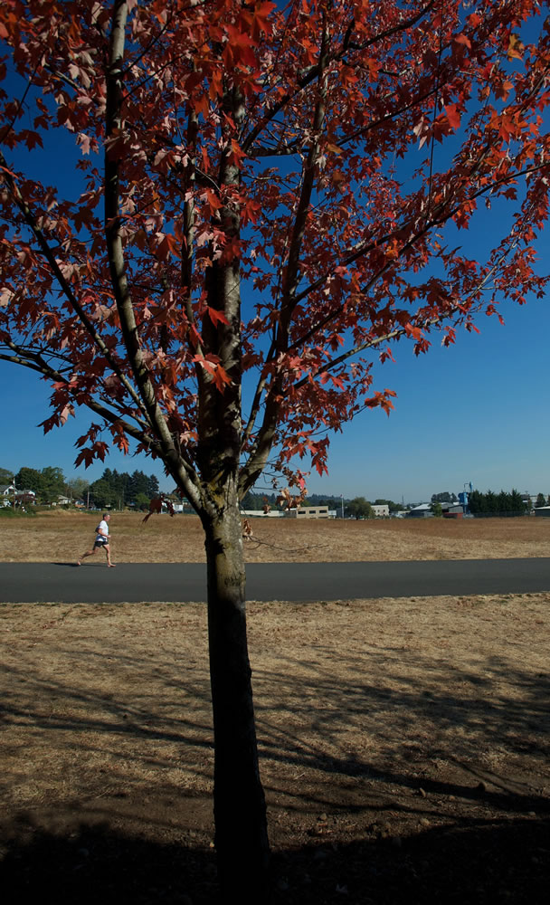 A man runs barefoot Monday along an access road on the north side of Pearson Field, just south of East Fifth Street.