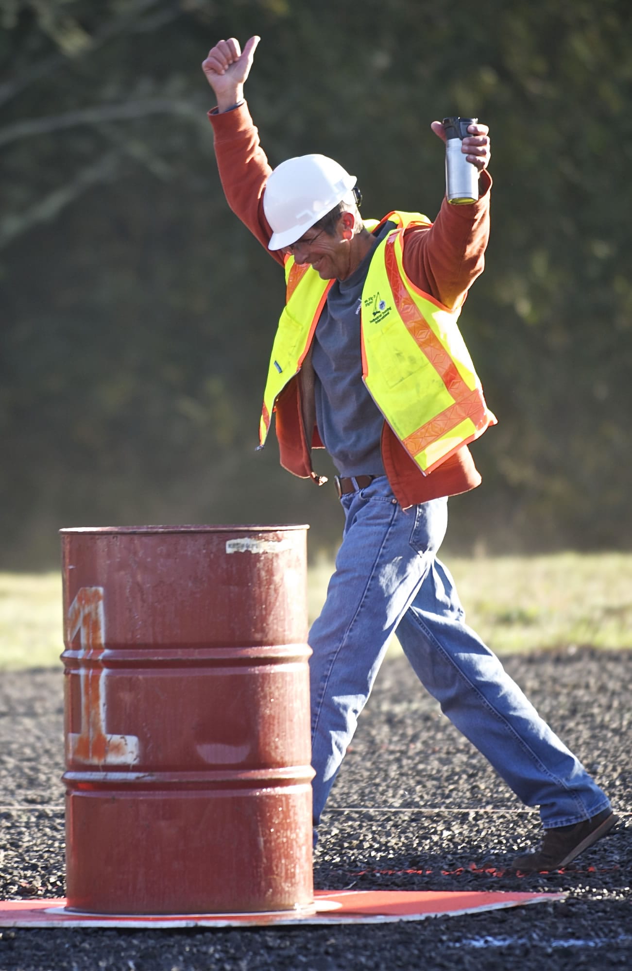 Stever Frein answers the cheers of supporters -- calling themselves &quot;Stever's Believers&quot; -- after competing in a regional Crane Operator Rodeo competition, hosted on Saturday by Industrial Training International in Woodland.