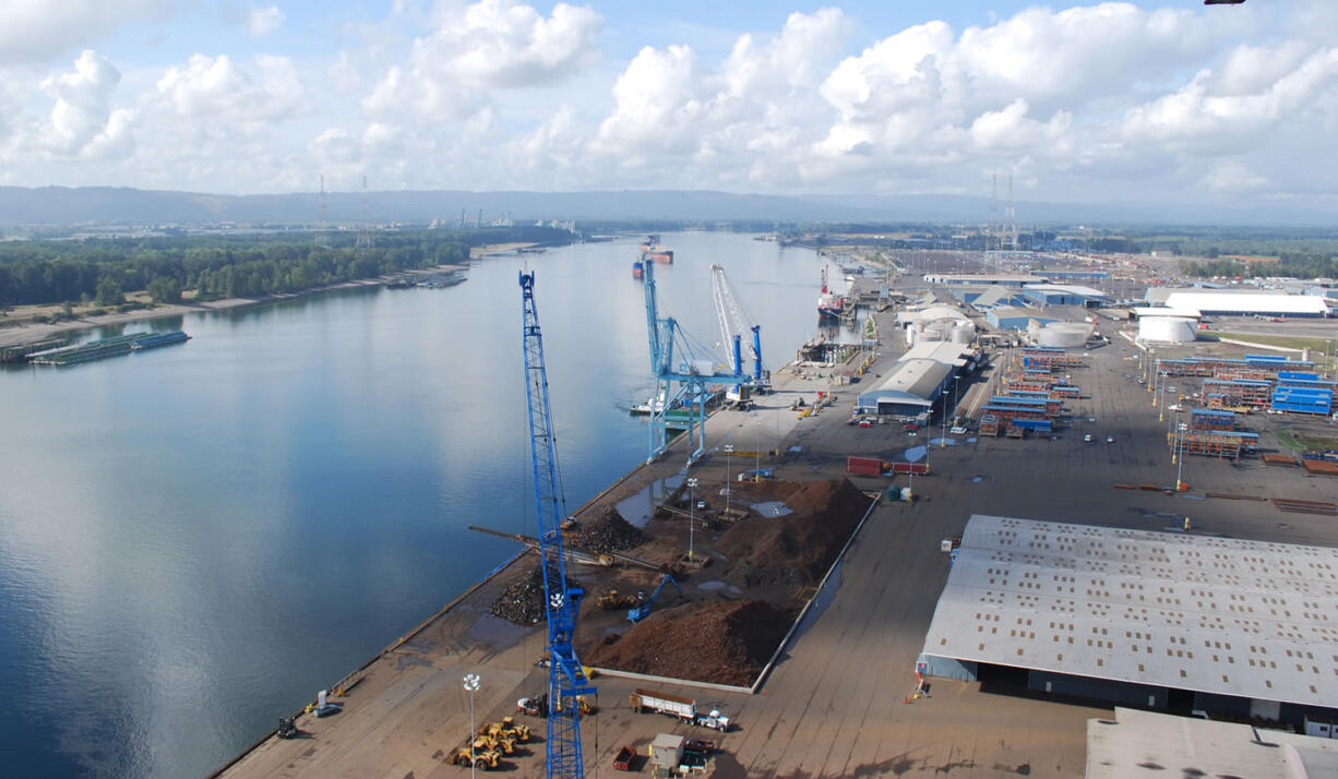 A bird's-eye view from the top of the new grain silos at the Port of Vancouver shows its 4-mile waterfront property fronting the Columbia River as it flows downstream.