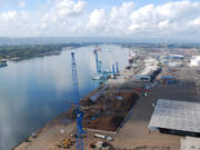 A bird's-eye view from the top of the new grain silos at the Port of Vancouver shows its 4-mile waterfront property fronting the Columbia River as it flows downstream.