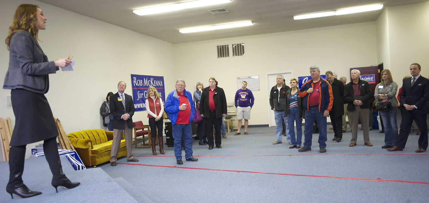 U.S. Rep. Jaime Herrera Beutler, R-Camas, speaks Friday at a get-out-the-vote rally at her Hazel Dell campaign headquarters.