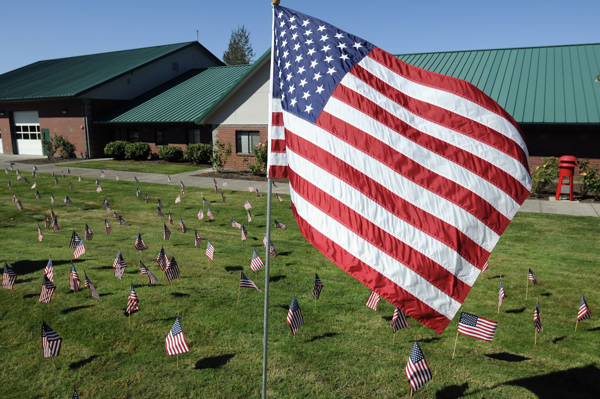 Four U.S. flags at the fire station represent the four attack sites in the annual 9/11 flag display at Clark County Fire District 3 in Hockinson.