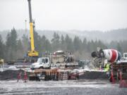 Construction continues on the Cowlitz Reservation near La Center on Wednesday. A key part of the casino project is an upgrade to the Interstate 5 interchange at Exit 16, which still needs La Center&#039;s blessing to fully move forward.