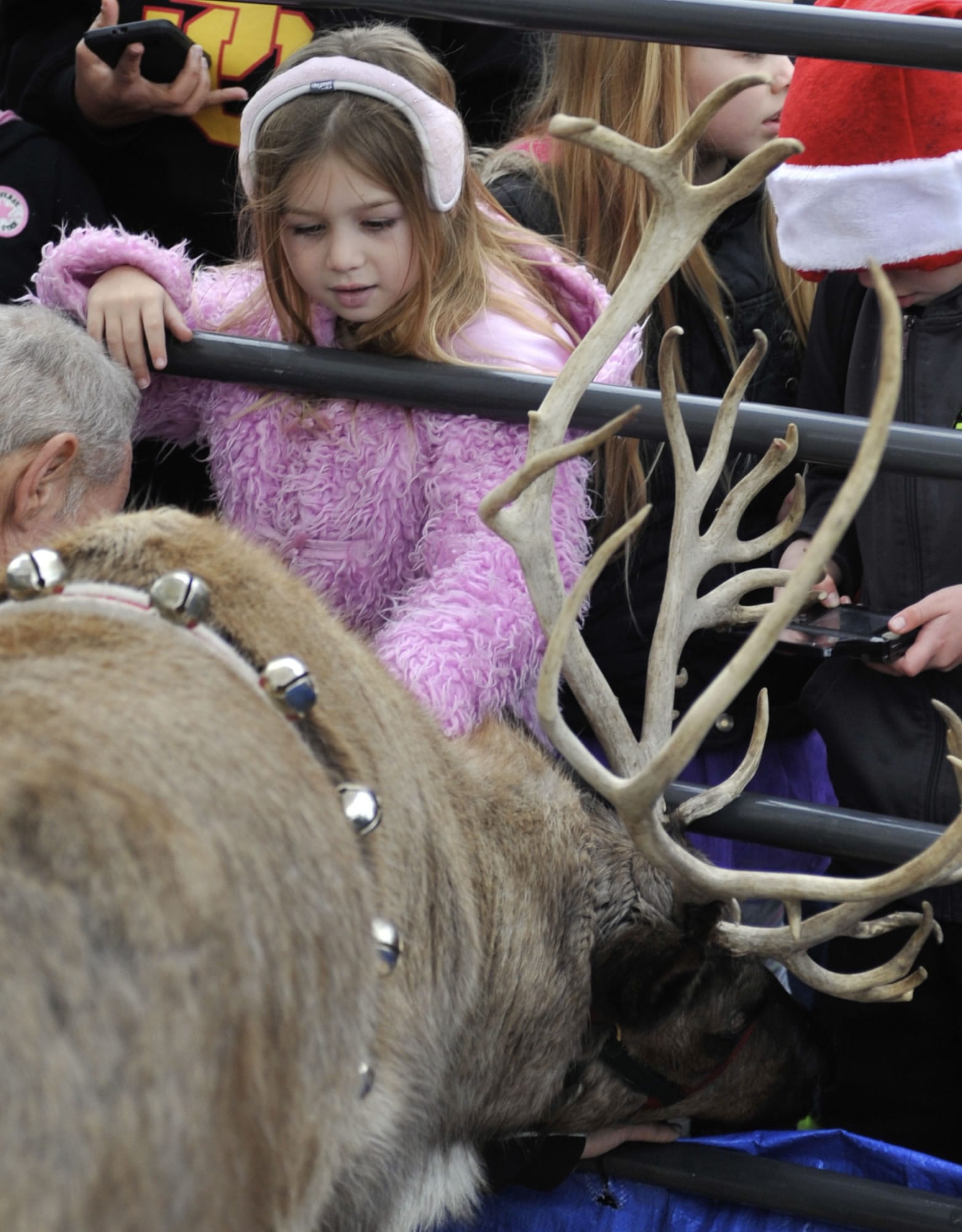 Holland Greer, 6, of Ridgefield pets reindeer Sunday afternoon at the Christmas block party on Main Street in Vancouver. She said Blitzen is her favorite reindeer.