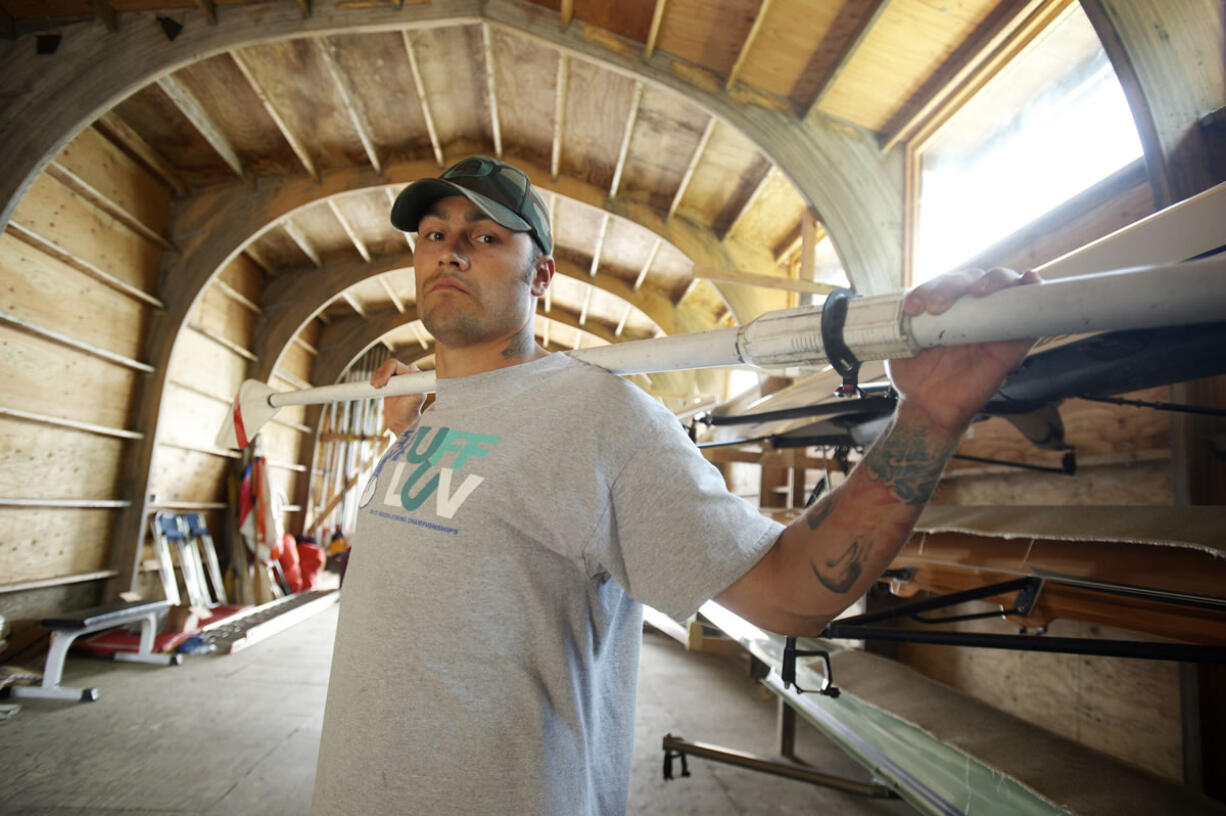 Tony Davis, in the Vancouver Lake Crew boathouse, said that his introduction to rowing was like being on a helicopter again.