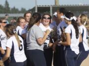 Skyview celebrates after beating Camas to win the 4A District Softball Championship, Tuesday, May 14, 2013.