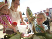 Four-year-old Ava Bond -- with her mom, Alexis, and 1-year-old sister, Sawyer -- picks out ears of corn at the Salmon Creek Farmers' Market on Thursday.