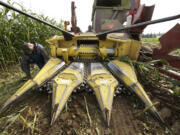 Jim Walker, left, and John Mettler Jr., background center, service equipment while harvesting corn Wednesday at a Ridgefield farm.