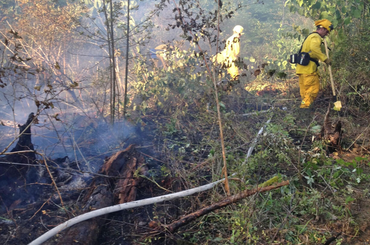 Firefighters hose down a forest fire that burned through nearly 2 acres Tuesday evening in north Clark County along the East Fork Lewis River.