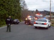 Fire District 3 clears the collision of a car and pickup Friday in Hockinson; it blocked Northeast 159th Street for 45 minutes.