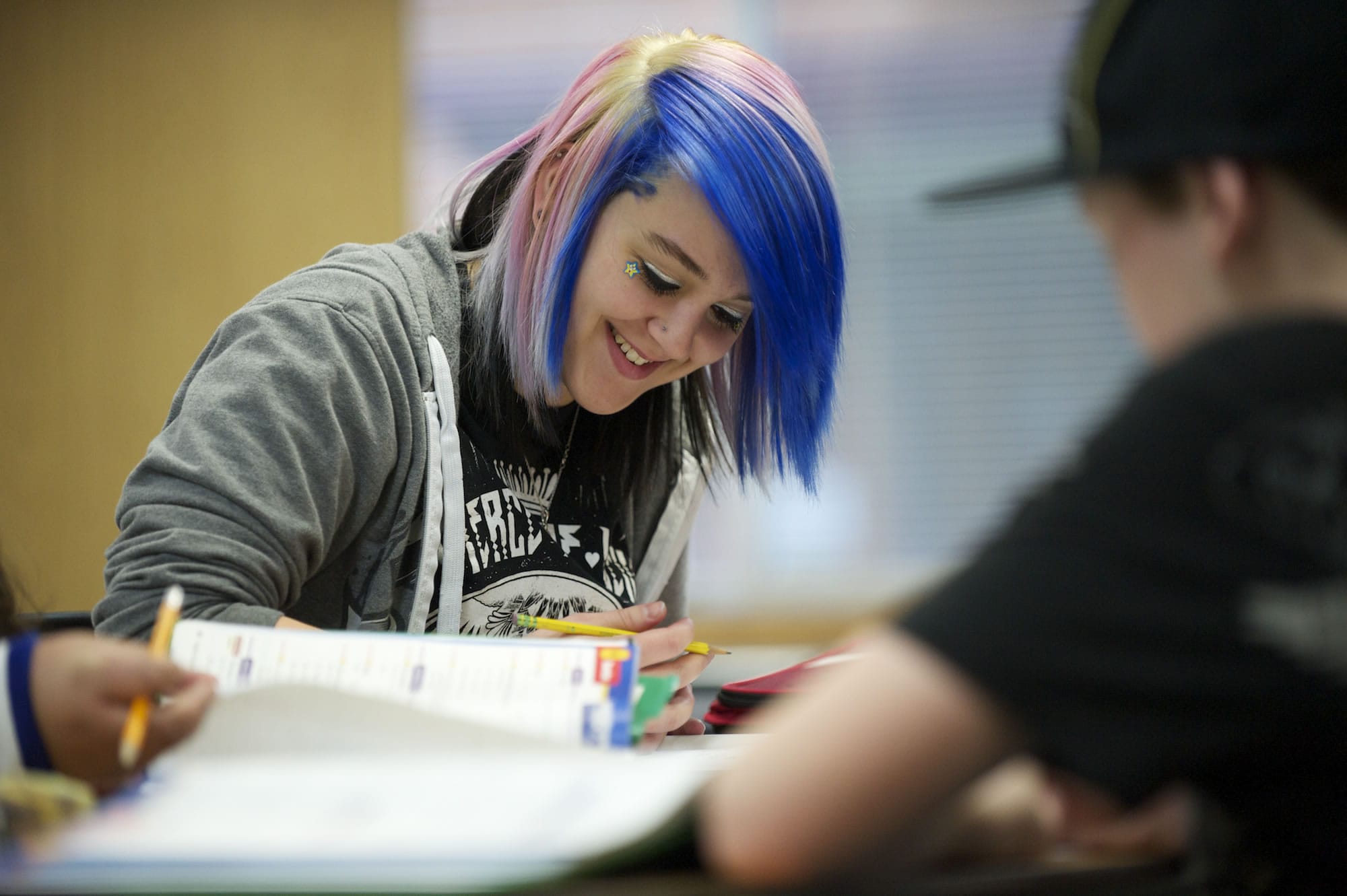 Tiernan Jojo works on a math assignment after class at Summit View Middle School in Battle Ground.