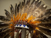 A detailed men's feather headdress was given to a government engineer who was working on an irrigation project in Montana in the 1930s.