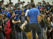 Students at La Center High School exit the gym after viewing a documentary called &quot;Chosen,&quot; about sex trafficking, which was produced by Shared Hope International.