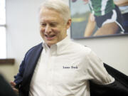 During his Vancouver visit Wednesday, Secretary of State Sam Reed sported a white button up shirt with the words &quot;Lame Duck&quot; embroidered above the chest pocket, a humorous reference to the fact that he did not seek re-election.