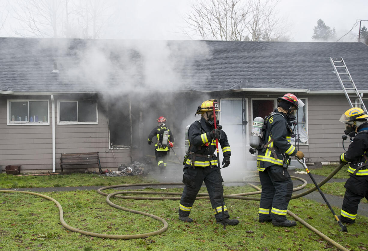 Thirty-two firefighters from the Vancouver Fire Department and Clark County Fire District 6 worked to put out a fire that heavily damaged a fourplex Tuesday in Vancouver’s Edgewood Park neighborhood.