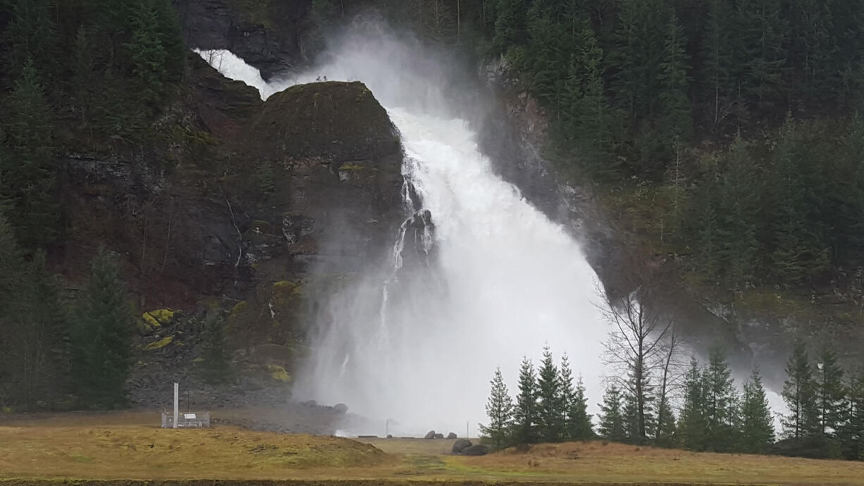 This is the view when 10,000 cubic feet per second of the North Fork of the Lewis River is spilled 512 feet at Swift Dam, east of Cougar.