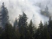 Fire smolders in the forest along Hwy. 141 near Bingen, Wash., causing concern to home and property owners, Thursday, Sept. 6, 2012. A total of about 450 houses are threatened by the fire, and most of those residents have been told to be ready to flee if the fire heads their way.