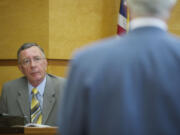 Steven Reisler, disciplinary counsel, questions Clark County Superior Court Judge John Wulle during a judicial conduct hearing Monday at the Clark County Courthouse.