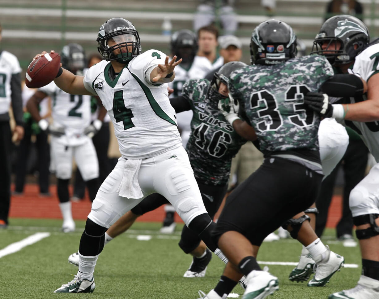 Portland State quarterback Kieran McDonagh (4), a Skyview High School graduate, passes during Saturday's scrimmage at McKenzie Stadium.