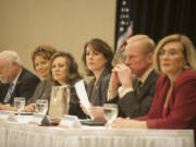 Lawmakers spoke on a panel Friday morning at the legislative outlook breakfast at the Hilton. From left to right, Sen. Don Benton, R-Vancouver, Rep. Liz Pike, R-Camas, Rep. Lynda Wilson, R-Vancouver, Sen. Ann Rivers, R-La Center, Sen. Annette Cleveland, D-Vancouver, Rep. Paul Harris, R-Vancouver, and Rep. Sharon Wylie, D-Vancouver.