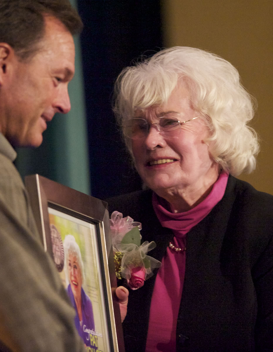 Pat Jollota receives the 2012 First Citizen award Thursday from Mark Matthias, the 2008 First Citizen, at the Hilton Vancouver Washington.