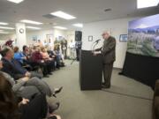 Arch Miller, founder and CEO of the International Air and Hospitality Academy in Vancouver, announces the new Northwest Railroad Institute program during a Tuesday news conference.