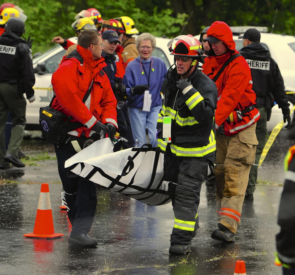 Members of the Vancouver fire and police departments and the Clark County Sheriff's Office take part in an armed shooter exercise Wednesday at Pearson Field in Vancouver.