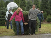 After a 40-minute felling effort, William Nahorn's family brings in their 8-footer at The Tree Wisemans farm in Ridgefield.