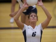 As one of the team's setters, Kelsey Brown (6) of Skyview High School likes to keep the ball moving around the court to keep her teammates involved in the action.