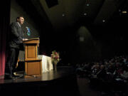 Clark County Commissioner Steve Stuart delivers the State of the County address Thursday at Prairie High School.