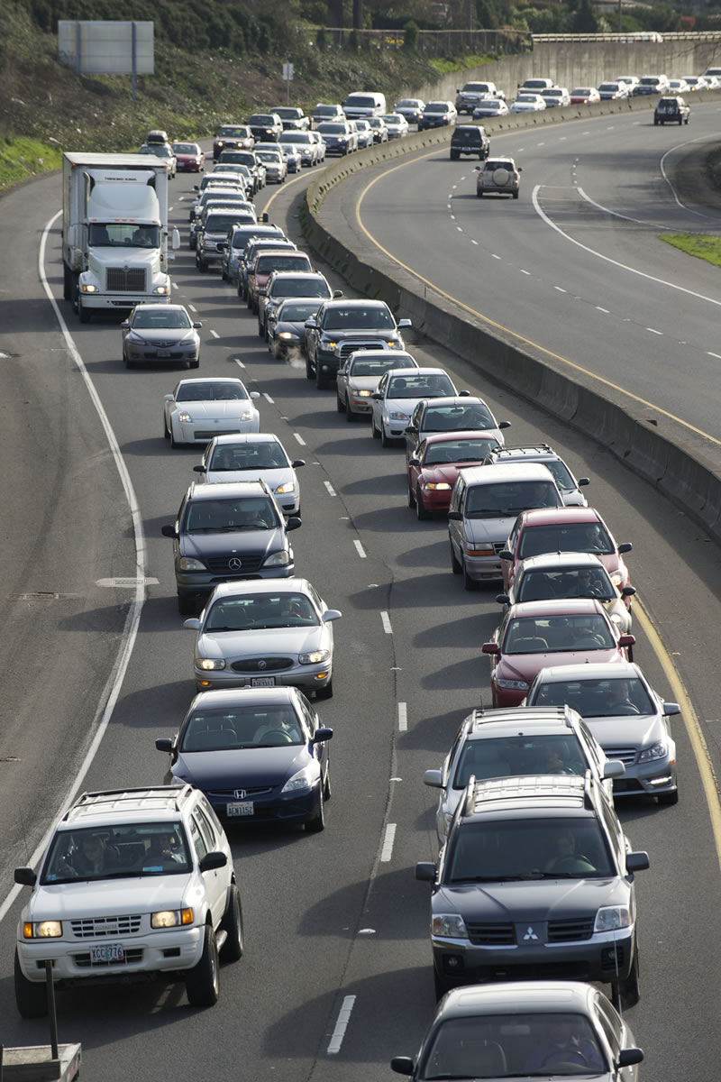 State highway 14, here approaching the Interstate 5 bridge east of Columbia House Boulevard, was a parking lot to nearly Camas on Monday morning.