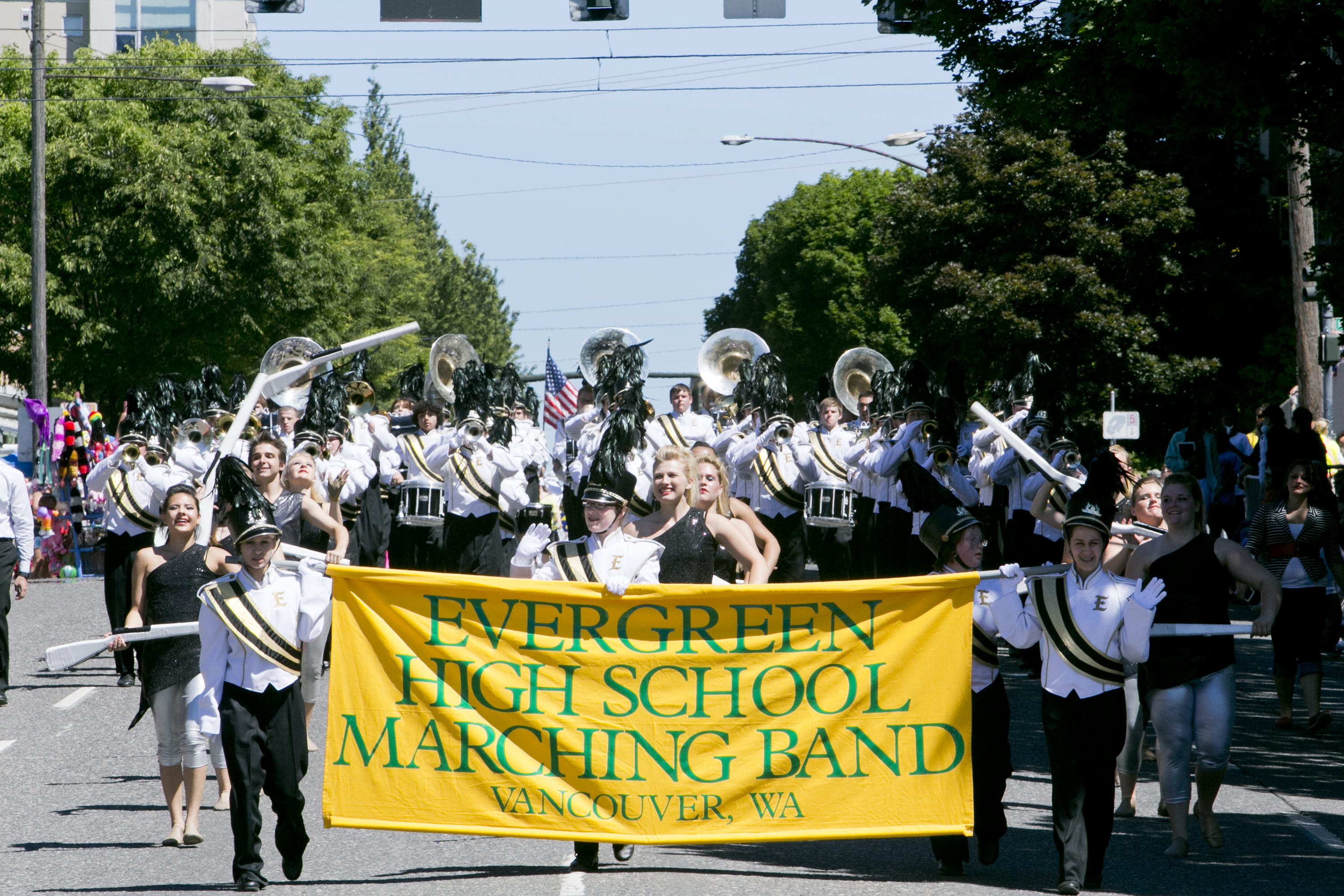 The Evergreen High School Marching Band won the Sweepstakes Award as the best band in the Grand Floral Parade in Portland on Saturday.