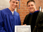 Central Park: Aaron Cliburn of Battle Ground received the Pat Fencl Scholarship, which he plans to use toward his goal of becoming a paramedic firefighter. At right is Dr.