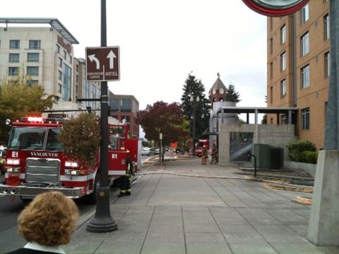 Fire rigs block Columbia Street about 12:30 today as firefighters battle a vehicle fire in the parking garage below Vancouvercenter.