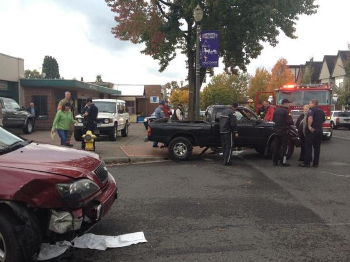 Police and state troopers investigate a hit-and-run accident at 25th and Main streets in Vancouver today.