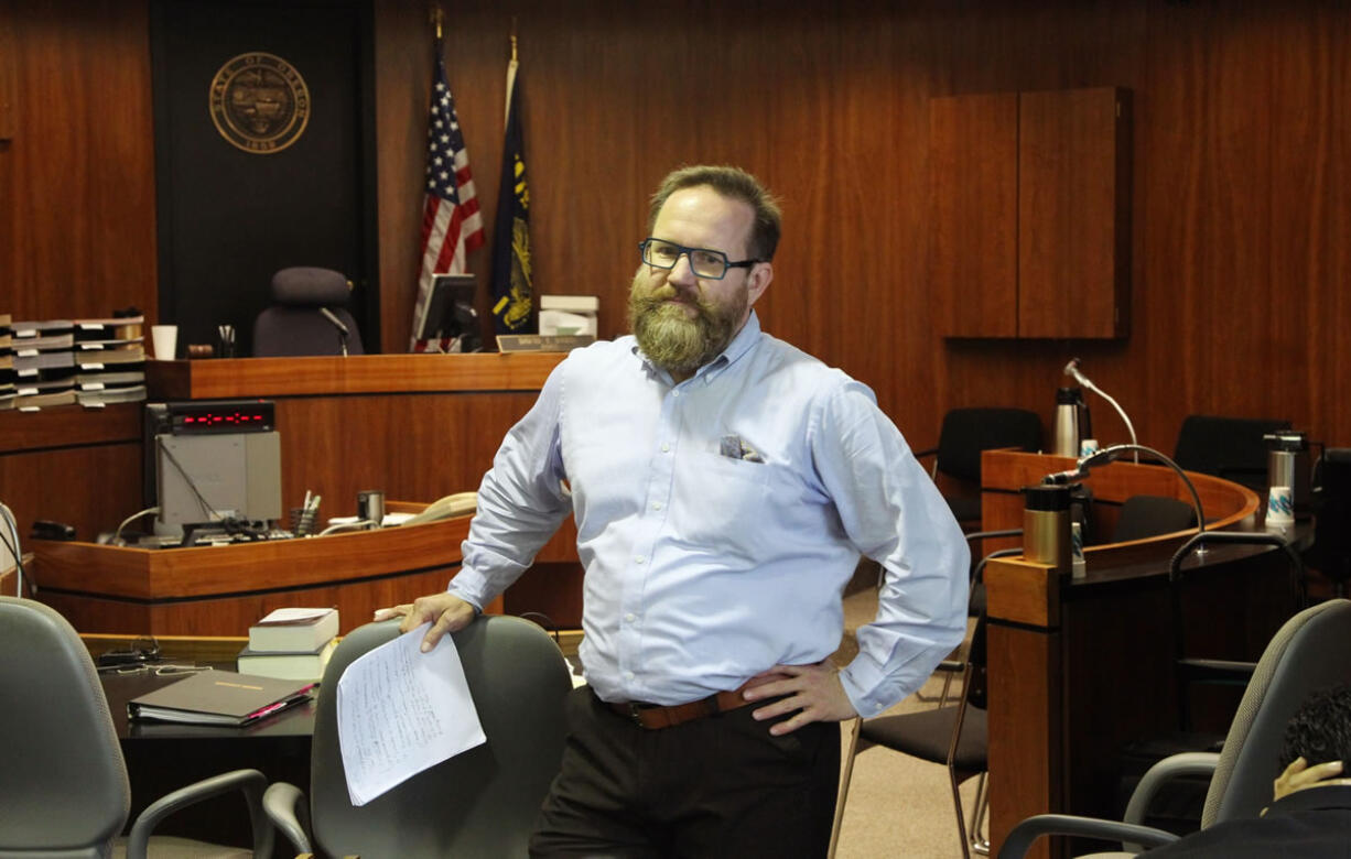 John Brennan, the man who stripped at Portland International Airport to protest Transportation Security Administration's security procedures, stands in the courtroom before the start of his trial Wednesday in Portland.