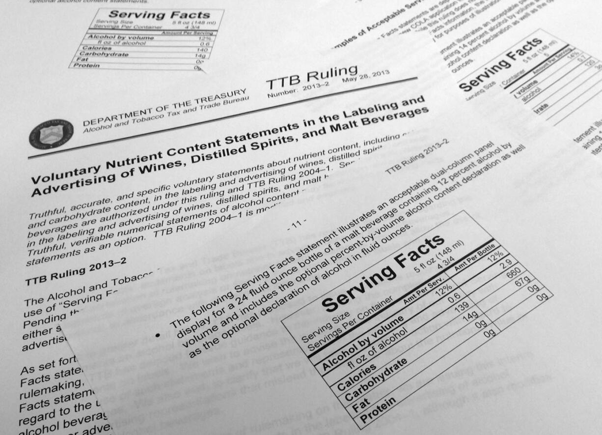 Pages from a ruling by the Department of the Treasury's Alcohol and Tobacco Trade and Tax Bureau showing voluntary recommendations for labeling of wines, distilled spirits and malt liquor that were released on Tuesday.