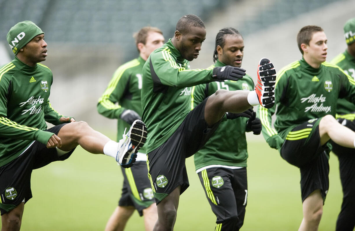 Andrew Jean-Baptiste, center, played in only five games for the Timbers as a rookie last season. He's expected to make his 13th start for Portland today vs.