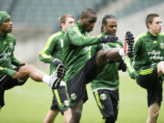 Andrew Jean-Baptiste, center, played in only five games for the Timbers as a rookie last season. He's expected to make his 13th start for Portland today vs.